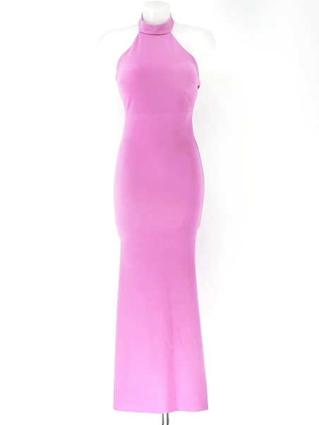 VESTIDO FIESTA LARGO CUELLO HALTER ESPALDA ABIERTA FRUNCE