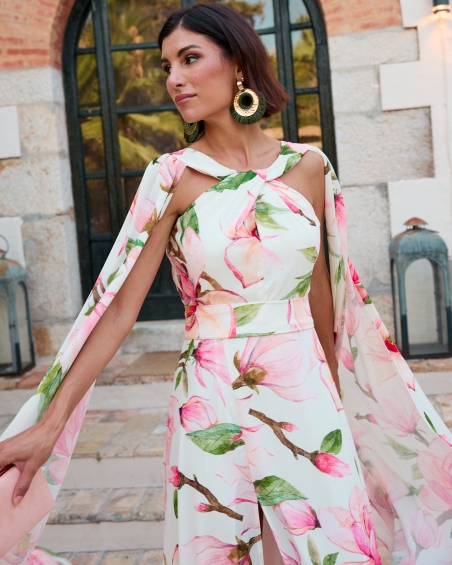 VESTIDO FIESTA LARGO CUELLO HALTER GASA ESTAMPADA
