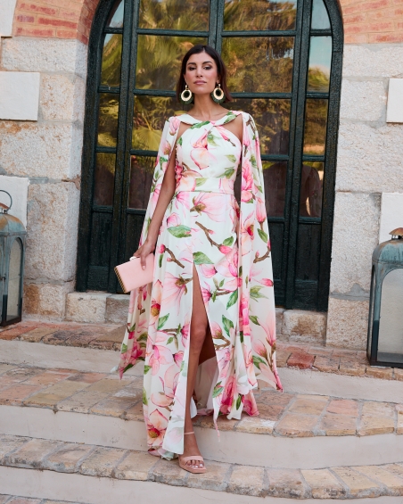 VESTIDO FIESTA LARGO CUELLO HALTER GASA ESTAMPADA