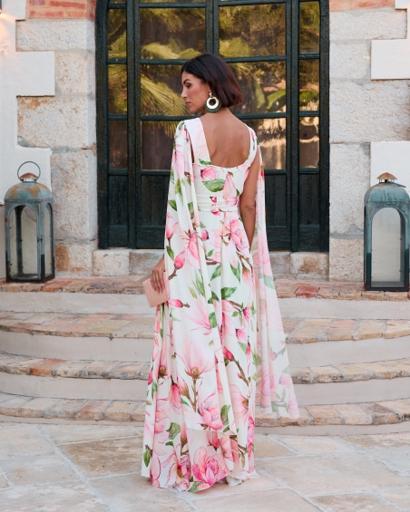 VESTIDO FIESTA LARGO CUELLO HALTER GASA ESTAMPADA