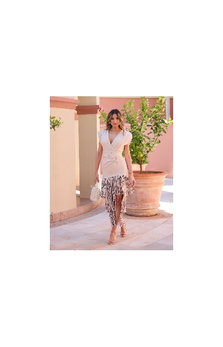 VESTIDO MIDI LISO FLECOS M/C ESCOTE PICO Y CINTURÓN