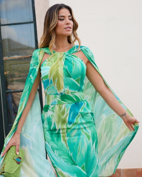 VESTIDO FIESTA LARGO CUELLO HALTER GASA ESTAMPADA