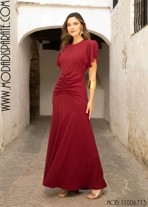 VESTIDO FIESTA LARGO CREPE FRUNCIDO DELANTERO