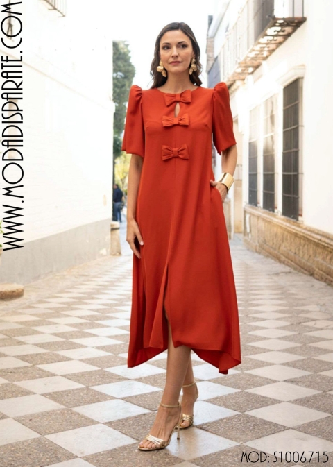 VESTIDO FIESTA MIDI CREP LAZOS DELANTERO