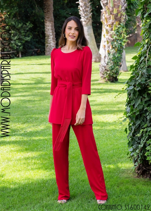 CJTO.PANTALON CASACA MANGA FRANCESA CINTURON FLECOS
