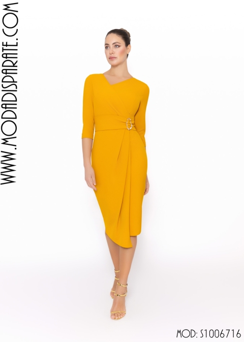 VESTIDO FIESTA MIDI CREPE MANGA CODO HEBILLA CINTURA