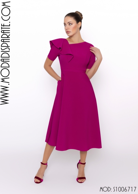 VESTIDO FIESTA MIDI VUELO CREEPE + ELASTAN M/ CORTA VOLANTE