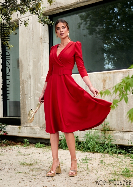 VESTIDO MIDI EVASE ESCOTE SMOKING M/ FRANCESA Y CINTURÓN