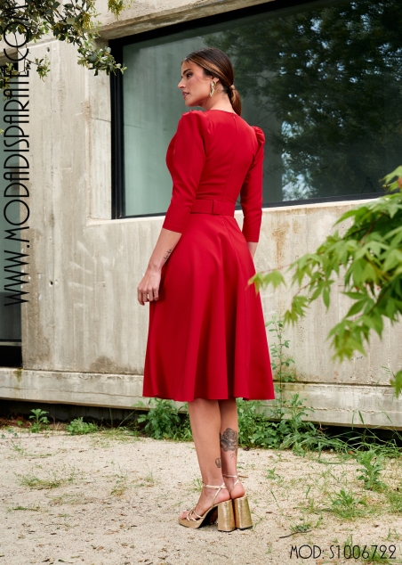 VESTIDO MIDI EVASE ESCOTE SMOKING M/ FRANCESA Y CINTURÓN