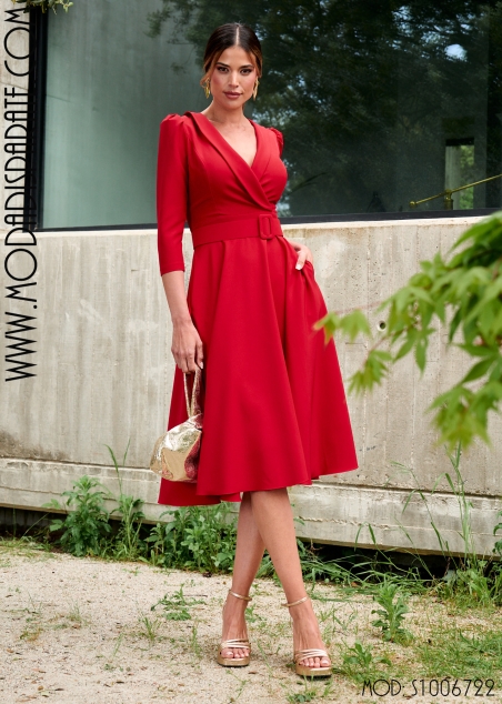 VESTIDO MIDI EVASE ESCOTE SMOKING M/ FRANCESA Y CINTURÓN