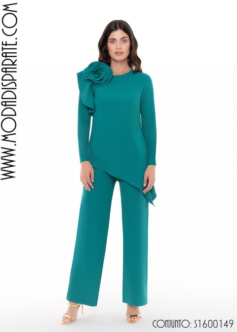 CJTO.BLUSON ASIMETRICO FLOR MANGA FRANCESA Y PANTALON