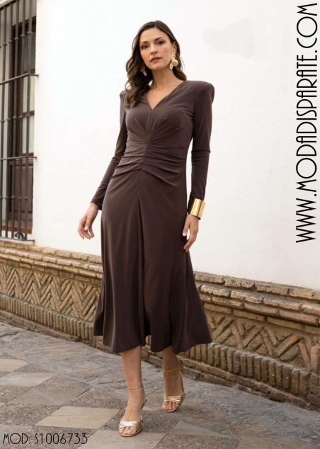 VESTIDO FIESTA MIDI PUNTO ESCOTE PICO FRUNCIDO DELANTERO