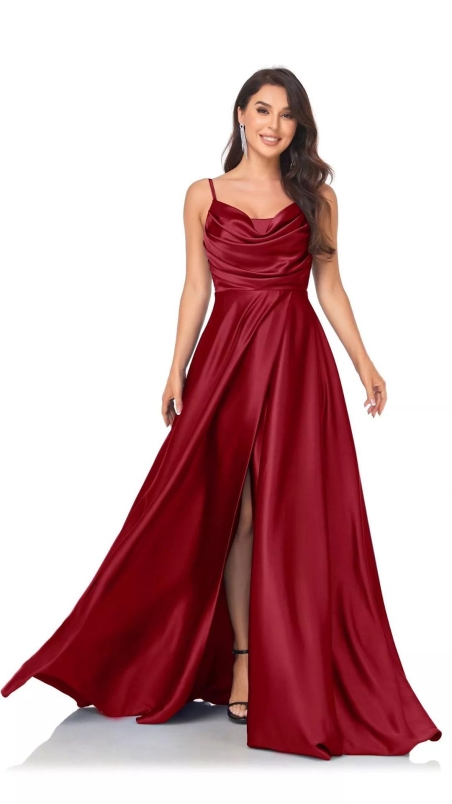 VESTIDO FIESTA SATINADO LARGO EVASE ESCOTE CAIDO FALDA ABERT