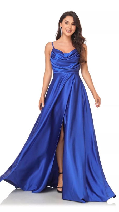 VESTIDO FIESTA SATINADO LARGO EVASE ESCOTE CAIDO FALDA ABERT