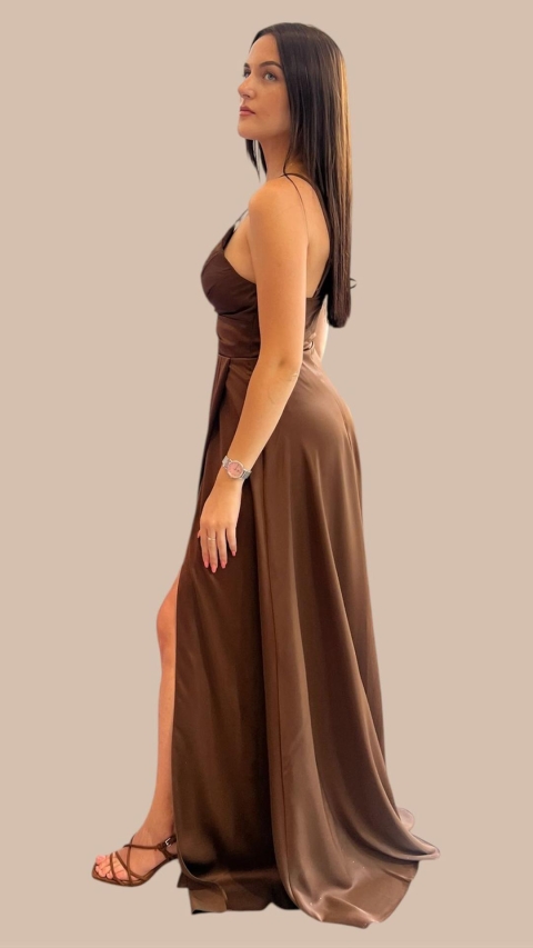 VESTIDO FIESTA LARGO SATINADO EVASE ESCOTE ABIERTO 2