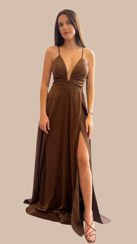 VESTIDO FIESTA LARGO SATINADO EVASE ESCOTE ABIERTO