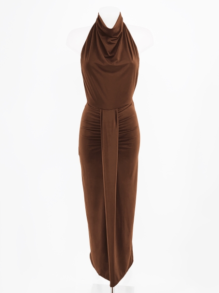 VESTIDO FIESTA LARGO AL CUELLO CAIDO DRAPEADO DELANTERO