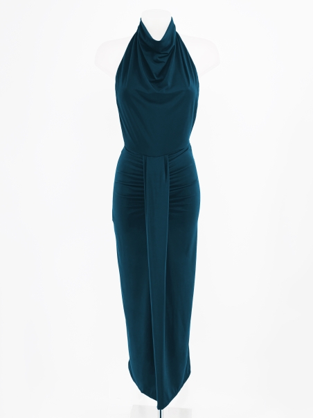 VESTIDO FIESTA LARGO AL CUELLO CAIDO DRAPEADO DELANTERO