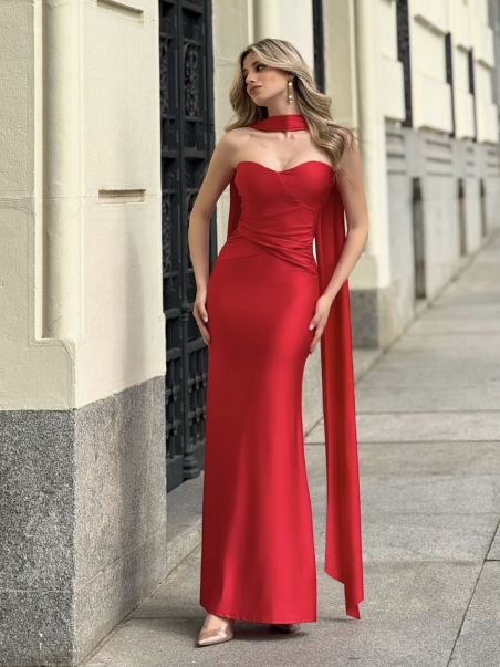 VESTIDO FIESTA LARGO CINTURA LAZADA ESPALDA DRAPEADA