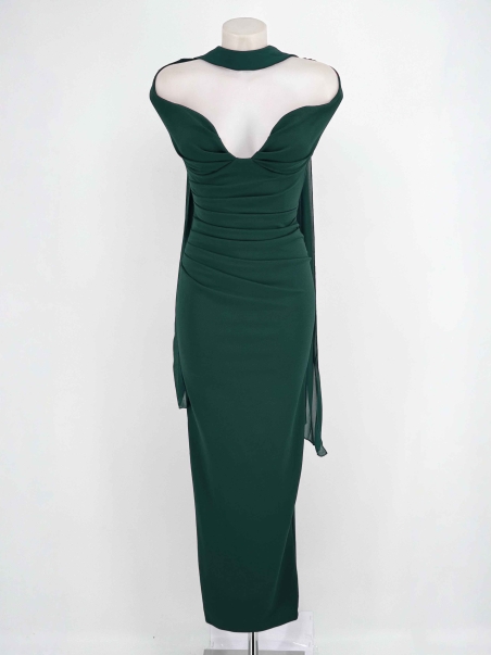 VESTIDO FIESTA LARGO PUNTO, ESCOTE TABLAS TTES ESPADA, FOULA