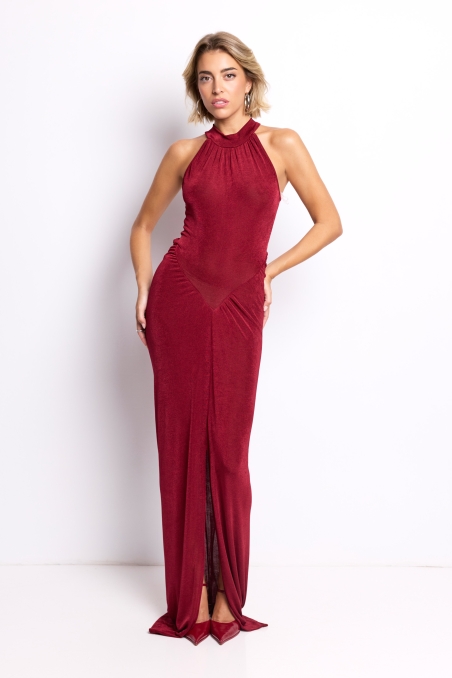 VESTIDO FIESTA LARGO PUNTO ESCOTE HALTER DRAPEADO CADERA