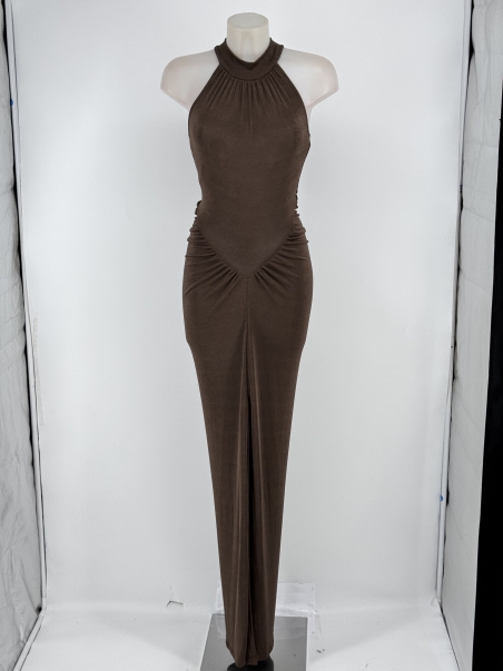 VESTIDO FIESTA LARGO PUNTO ESCOTE HALTER DRAPEADO CADERA