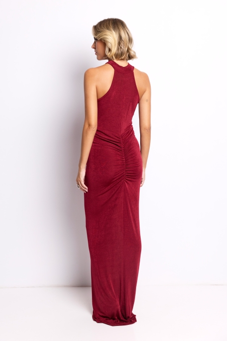 VESTIDO FIESTA LARGO PUNTO ESCOTE HALTER DRAPEADO CADERA