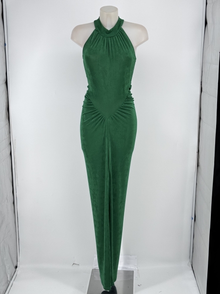 VESTIDO FIESTA LARGO PUNTO ESCOTE HALTER DRAPEADO CADERA