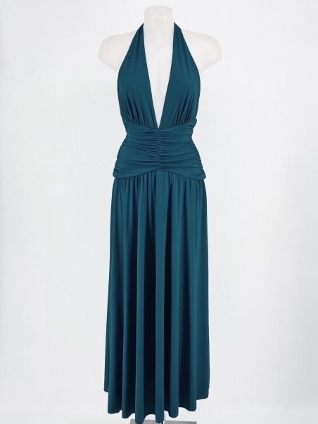 VESTIDO FIESTA LARGO PUNTO CINTURA DRAPEADA EVASE ABERTURA