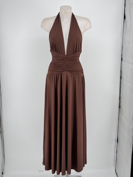 VESTIDO FIESTA LARGO PUNTO CINTURA DRAPEADA EVASE ABERTURA