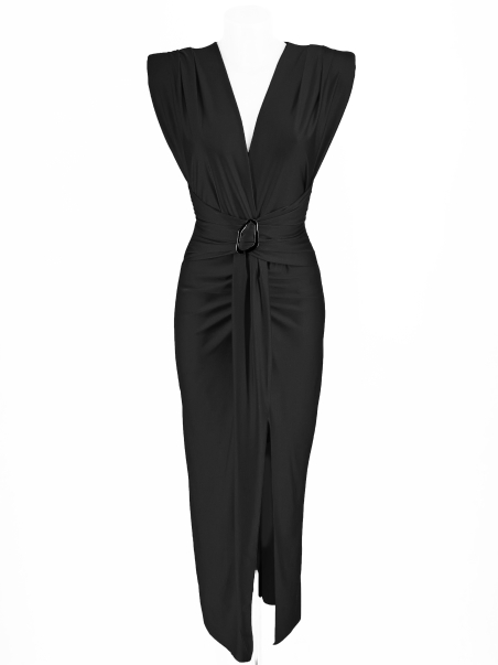 VESTIDO FIESTA LARGO SIN MANGA CINTURA HEBILLA