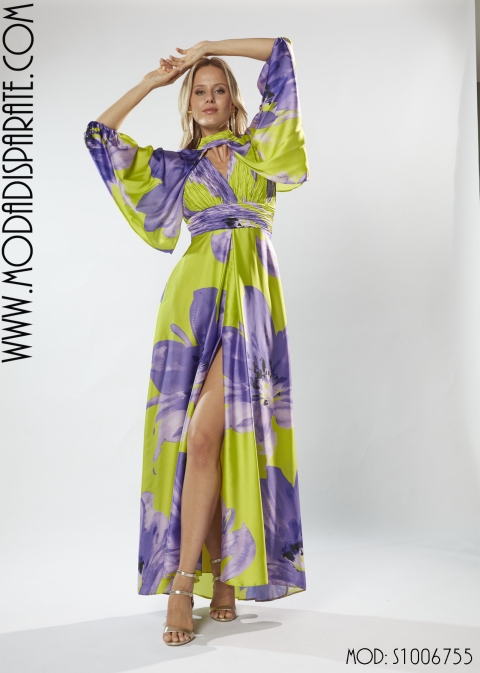 VESTIDO FIESTA LARGO SATEN ESTAMPADO CUERPO PLISADO CON MANG