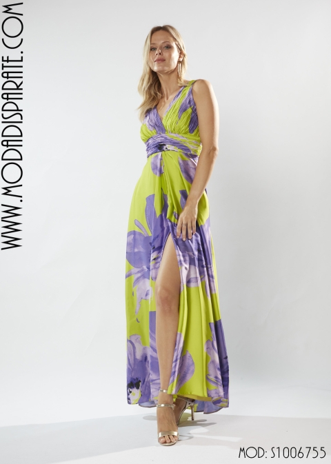 VESTIDO FIESTA LARGO SATEN ESTAMPADO CUERPO PLISADO CON MANG 2