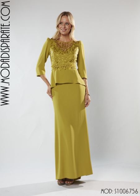 VESTIDO MADRINA LARGO BLONDA CUERPO FALDA PEPLUM Y APLIQUE