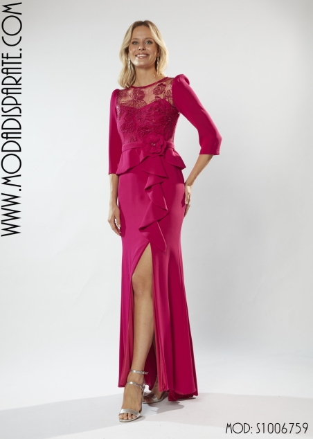 VESTIDO MADRINA LARGO CREP CUERPO BLONDA Y LENTEJUELAS CON P
