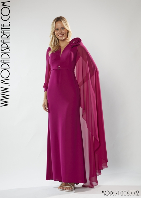 VESTIDO MADRINA LARGO CREP MANGA GASA OTRA CAPA VIN HEBILLA