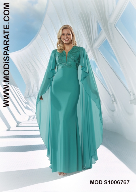 VESTIDO MADRINA LARGO CREP CUERPO BLONDA CON LENTEJUELAS M/