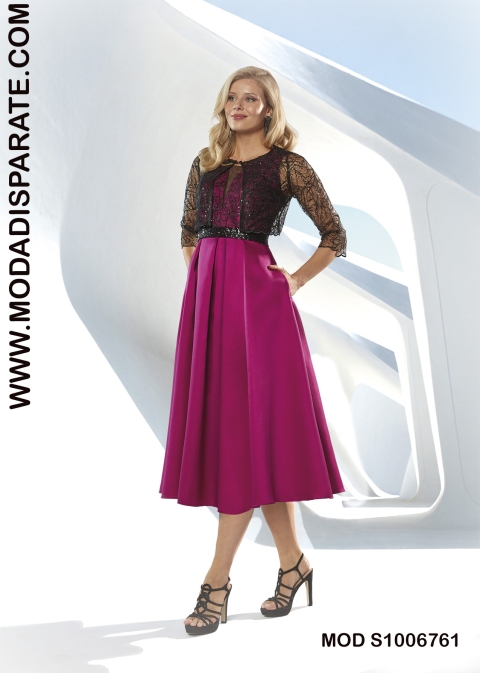 VESTIDO MIKADO MIDI VUELO CUERPO Y CHAQUETA GUIPUR Y LENTEJU