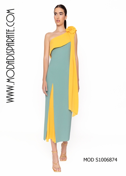 VESTIDO MIDI HOMBRO CREP GASA COMBINADO