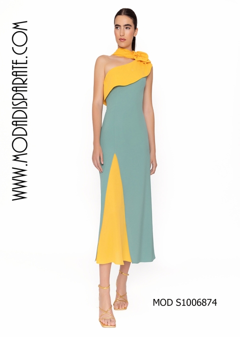 VESTIDO MIDI HOMBRO CREP GASA COMBINADO 2