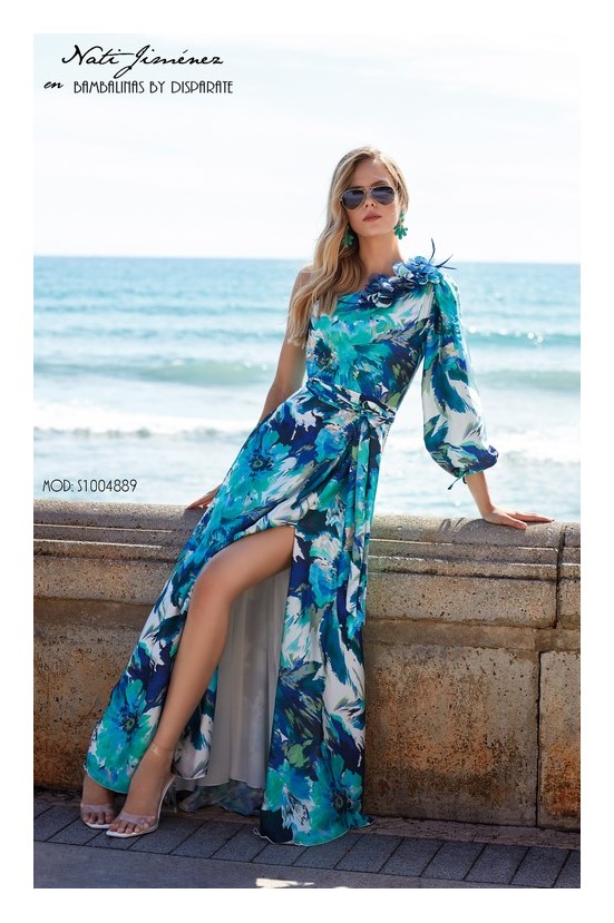 Vestido Largo Estampado Asimetrico Una Manga Color Azul Talla 38