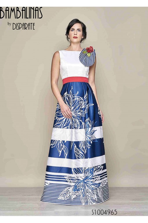 VESTIDO LARGO SIN MANGAS CUERPO LISO FALDA ESTAMPADA EN TEJI MERCEDES ROLDAN - 1