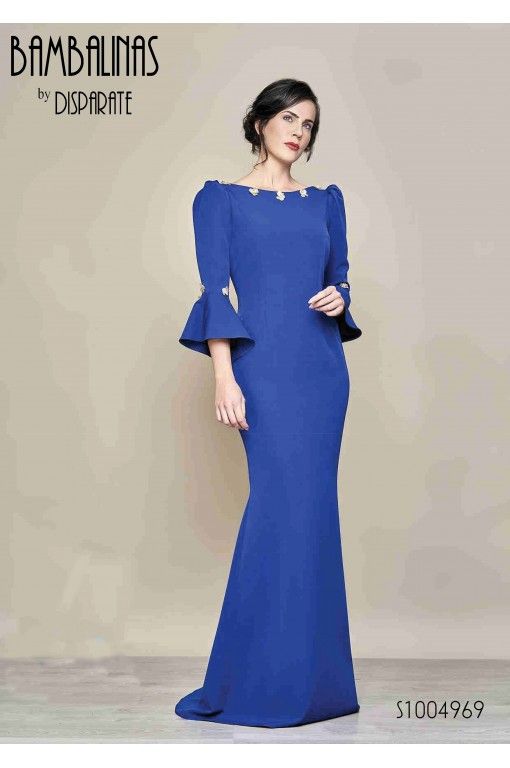 VESTIDO LARGO MANGA CODO  CON VOLANTES ESCOTE BARCO ESPALDA MERCEDES ROLDAN - 1