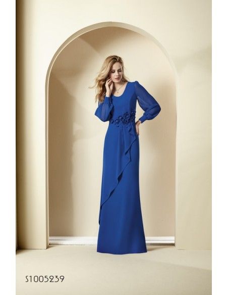 VESTIDO DE MADRINA LARGO PIEZA PLIEGUES Y MANGA GASA NATI JIMENEZ  - 2