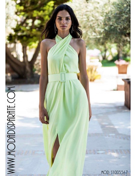 VESTIDO"IZMIR"LARGO FIESTA LISO ESCOTE CRUZADO DESMANGADO