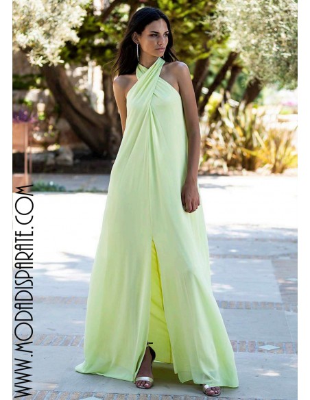 VESTIDO"IZMIR"LARGO FIESTA LISO ESCOTE CRUZADO DESMANGADO