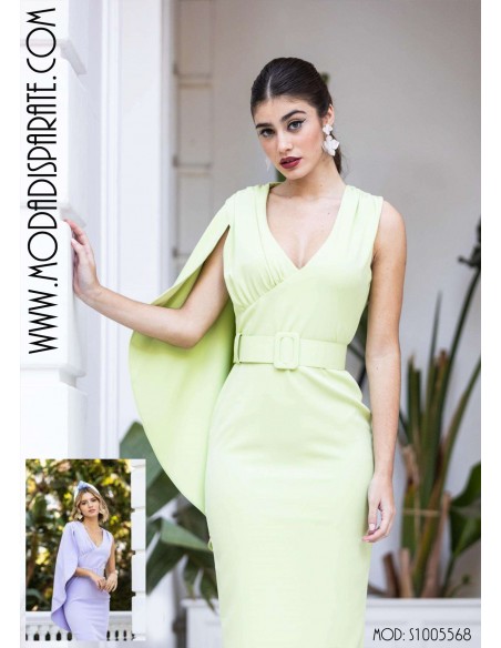 VESTIDO"GANTE" MIDI ESTAMPADO UNA MANGA CAPA Y CINTURÓN