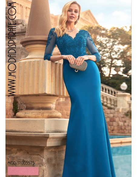 VESTIDO"CURITIBA"LARGO CUERPO ENCAJE FALDA SATEN LISO