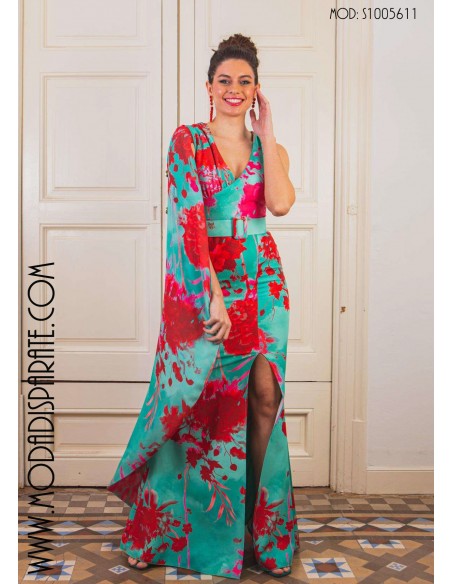 VESTIDO"LEEDS" LARGO ESTAMPADO SIN MANGAS CON CAPA Y CINTURO