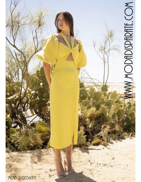 VESTIDO"DACA"FIESTA TEJIDO BROCADO ATADO CUELLO MANGA ABULLO